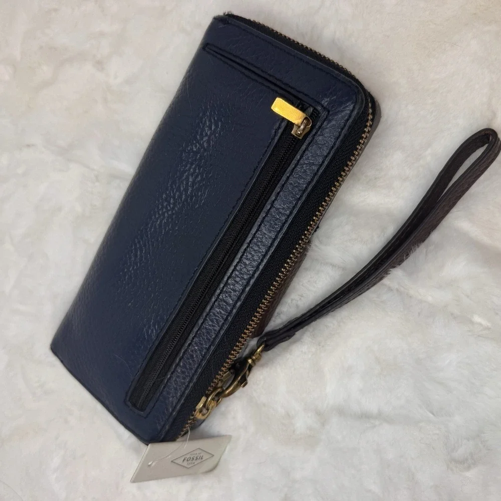 Fossil Navy Brown & Blue Leather Wallet Gold Wristlet Strap ~ Gray Lined  NEW